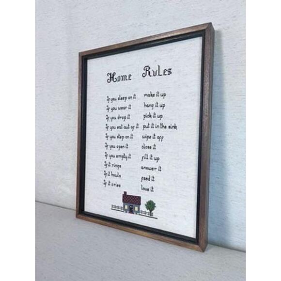 Framed Cross-Stitch "Home Rules" | Handmade Embroidered Wall Art | Rustic Decor - Picture 5 of 8